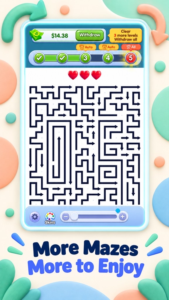 Arrow maze with numbered level progress and withdraw bar