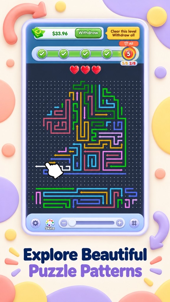 Dark neon puzzle patterns with colorful arrow trails