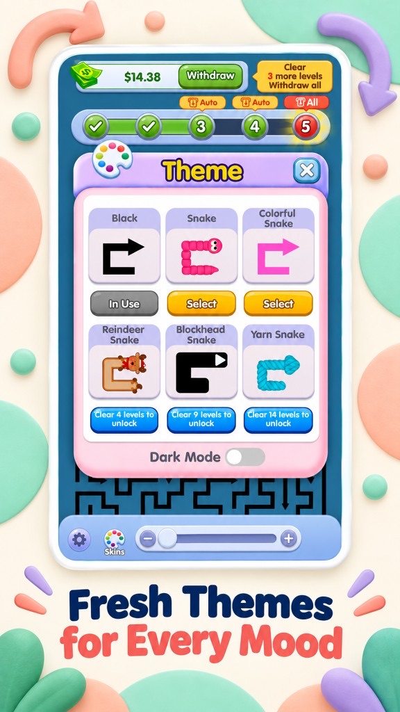 Theme picker with playful snake skins and dark mode toggle